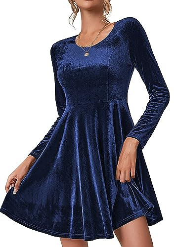 Zeagoo Weihnachtskleid Samtkleid Damen Kleid Abendkleider Langarm Elegant Kleider Festliche Cocktailkleid Rundhals Freizeitkleid Ballkleider Bodycon Partykleid Winterkleider Dunkelblau XL
