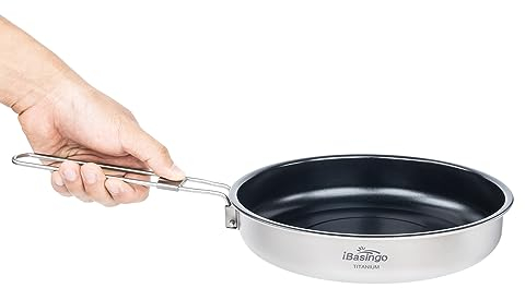 iBasingo Ultralight Titanium Camping Pan 18.8cm 1000ml Non-Stick Frying Pan Outdoor Travel Cookware with Folding Handle Portable Backpacking Cooking Kit Ti2069C