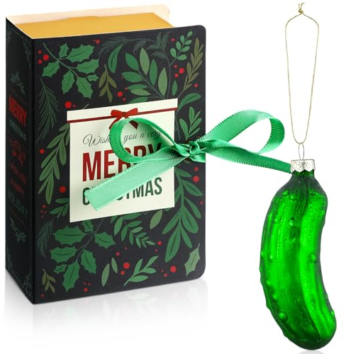 Aoriher Weihnachten Gurke Ornament und Geschenkbox Set Traditionelle Hängende Gurke Ornamente aus Geblasenem Glas mit Schnur Weihnachtsbaum Deko in Geschenkbox