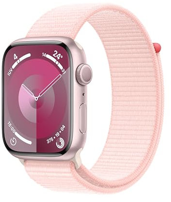 Apple Watch Series 9 GPS 45mm Smartwatch con cassa in alluminio rosa e Sport Loop rosa confetto. Fitness tracker, app Livelli O₂, display Retina always-on, resistente all’acqua