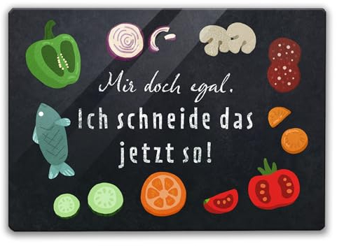 Mir doch egal Schneidebrett mit Spruch Ich schneide das jetzt so ein lustiges Kochbrett für die Küche mit Lebensmittel Motiv