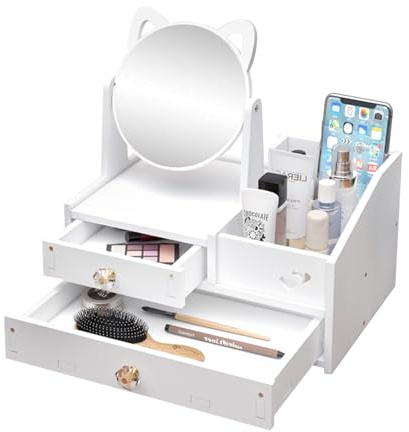 SAVOSWEET Cosmetic Organizer Weiß,Schminktisch Organizer mit Spiegel,White Desktop Kosmetik Organizer,Make up Organizer mit Schublade für Kommode/Schlafzimme/Badezimmer