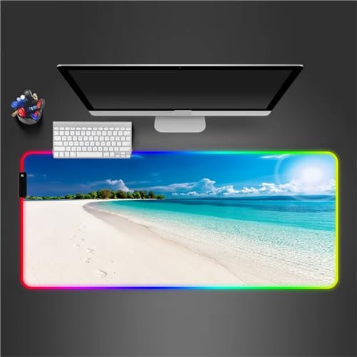 RGB Tapis de Souris Gaming Grand Tapis de Souris XXL 900x400x4mm 14 Modes d'éclairage LED Lumineuse Tapis de Souris Mouse Pad Rétroéclairage pour Gamer Clavier PC, Paysage de Plage