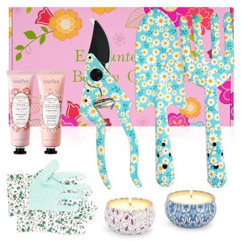 Gardening Gifts For Women, Gardening Hand Tool Kits, Trowel, Fork, Scissors, Gloves, 2 Hand Cream, Candles, 30 40 50 60 Birthday Gifts for Women, Mum Birthday Presents