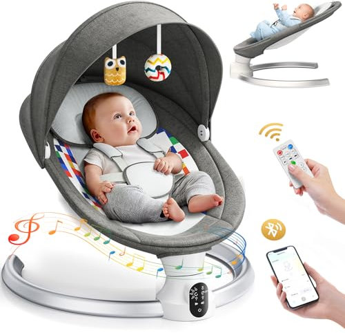 Fdlscpem Baby Swing Chair,Electric Baby Bouncer Chair Control with mobile app and Touch Panel,Baby Bouncer from Birth with 0–10 Months,5 Swing Amplitudes 3-Stage Timer,Newborn Bouncer grey