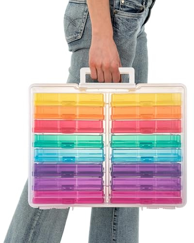 CraftGenes Photo Storage Box, 16 Colourful 4x6 Inner Photo Cases with Handle, Large Plastic Organiser Box for Pictures, Seeds, Crafts, Cards & Stickers, Rainbow Storage Container