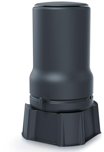 Regentonne rund Regenwassertank Basic Komplett-Set mit 110 Liter Volumen in der Farbe anthrazit ist aus UV- und witterungsbeständigem Material mit kindersicherem Deckel