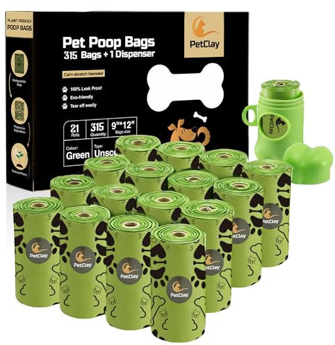 Petclay Dog Poop Bags rolls, 315 Counts Compostable & Biodegradable Dog Poo Bags for Puppy walk 100% Leak Proof for travel | Corn Starch Blended | Extra Thick Refill Large Pet Poo bags for Dogs waste