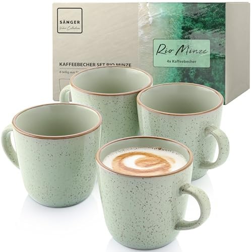 Sänger Rio Minze | Kaffeebecher 4 teilig, Steingut Tassen Set für 4 Personen, Tassen multifunktional, spülmaschinen- mikrowellenfest, Coffee Mug, Kaffeetassen mintgrün 430 ml | VALUE COLLECTION