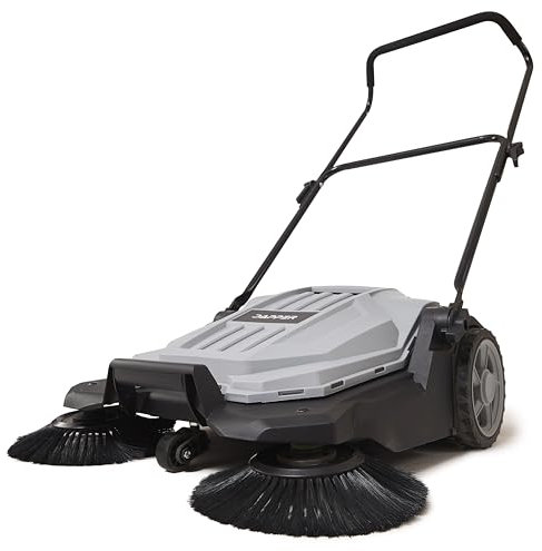 Dapper Supply Walk-Behind Outdoor Hand Push Floor Sweeper - 5.25 Gallon Capacity - 25.5 Sweeping Width - Sweeps up to 27,900 ft/Hour, Grey