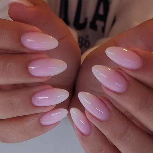 Goiern Lot de 24 faux ongles roses à presser - Amande moyenne - Ombre blanc ombré - Ongles de printemps
