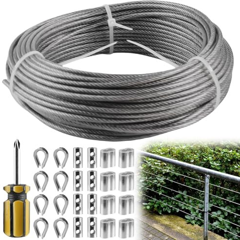 GBKDQQ Cable de alambre de 3 mm, cable de acero inoxidable de 20 m, cable de acero inoxidable PVC, cuerda de acero inoxidable 304 con manguitos de aluminio, cuerda de acero con ojales, guardacabos