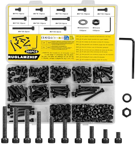 300 Pezzi Set di Viti M4, Viti Brugola Kit, Bulloni Testa Cilindrica con Esagono Incassato e Dadi e Rondelle, Viti e Bulloni e Dadi Set(Neri)