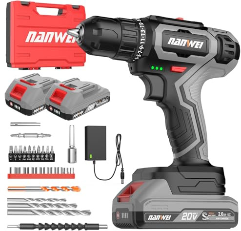 NANWEI Cordless Drill, 30N.m Electric Drill with 2 Battery, 2 Speed, LED | compatible with Makita 18V Battery,25 Torque Setting, Hand Drill for Home DIY Project