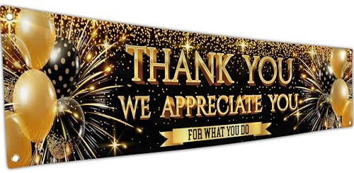 Banner mit Aufschrift Thank You For All You Do, Wertschätzungsbanner – Wir schätzen Sie für Mitarbeiter, Kollegen, Mitarbeiter, Lehrer im Büro, Schule, Party, 180 x 40 cm (Schwarz und Gold)