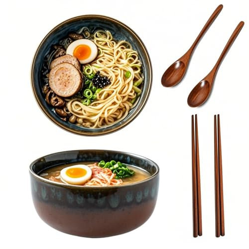 Haayymo 2 Ramen Bowl Set, Ceramic Noodle Bowl with Chopsticks & Spoons 1200ml Large Soup Bowls Japanese Style Retro Porcelain Microwave Tableware Ramen Gift Set for Salad, Pasta (Peacock Blue)