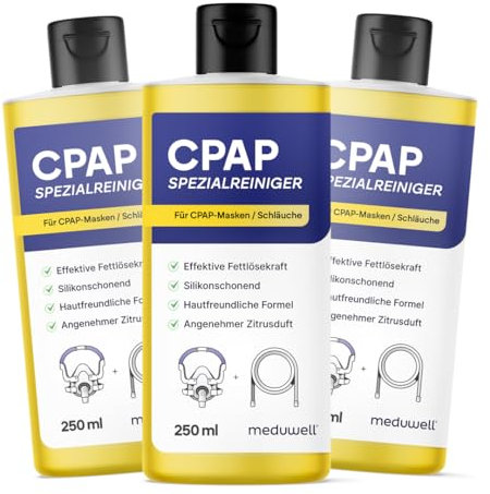 meduwell CPAP Spezialreiniger 250ml für CPAP Masken Schläuche und Zubehör, effektiv fettlösend, silikonschonend und hautfreundlich, angenehmer Duft (1)
