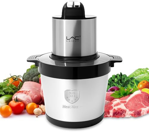 Robot de cuisine électrique de grande capacité, hachoir à viande électrique avec bol en acier inoxydable, 3 vitesses, 4 lames à deux niveaux et spatule pour viande, oignon, légumes, fruits (6 l, noir)