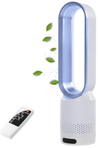 UOEONR Ventilateur tour 2 en 1,Très silencieux et purificateur d'air,Ventilateur sans rotation,Avec télécommande,8 vitesses,Oscillation à 90°,Minuterie,Refroidisseur de pièce oscillant (Kl-bleu)