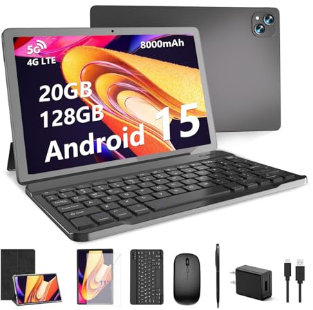 11 inch Android 15 Tablet, 20GB RAM 128GB ROM, 2TB Expansion, 2.4G & 5G WiFi+Cellular, Octa-Core, 8000mAh, 5MP+13MP, T-Mobile SIM Card Support, Keyboard Tablet, Case