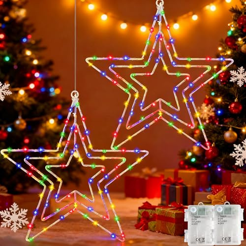 Joysing Weihnachtsdeko Fenster 2 Stück Weihnachtsstern Fenster | Batterie Timer Fensterbeleuchtung LED Stern Wasserdicht Weihnachtsbeleuchtung 3 In 1 Leuchtstern für Innen Außen