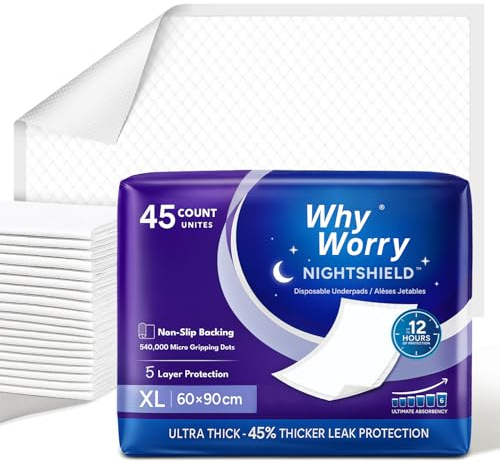 WhyWorry NightShield Disposable Incontinence Bed Pads, 60 x 90 cm Bed Wetting Mats for Adults with Non Slip Grip, Underpads, Pee Pads, Mattress Protectors, Waterproof Sheets, Odor Control, 45 Count