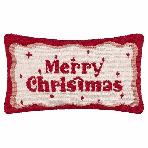 furn. Candy Merry Christmas Cushion Cover (Red - 30x50cm) | Festive Holiday Season Tufted Textured Slogan Wiggle Border Decorative Case