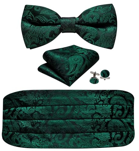 Barry.Wang Cummerbund Bow Tie Set for Men, Silk Cummerbund Pretied Bow Tie Pocket Square Cufflinks