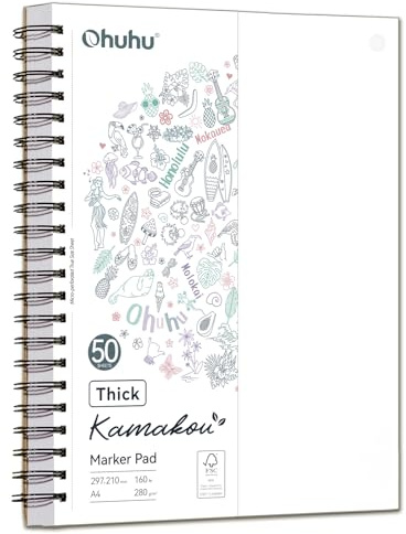 Ohuhu Skizzenbuch A4 - Doppelseitig Durchschlagfest, 280 g/m² superdickes Papie (50 Blatt/100 Seiten), Spiralgebundener Zeichenblock für Alkoholmarker Aquarell, Illustration & Skizzen