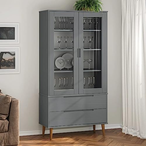 KTHLBRH Skandinavische Vitrine aus massivem Kiefernholz mit Glastüren, Regal mit 4 Fächern und 2 Schubladen, Aufbewahrungsschrank für Bücher,