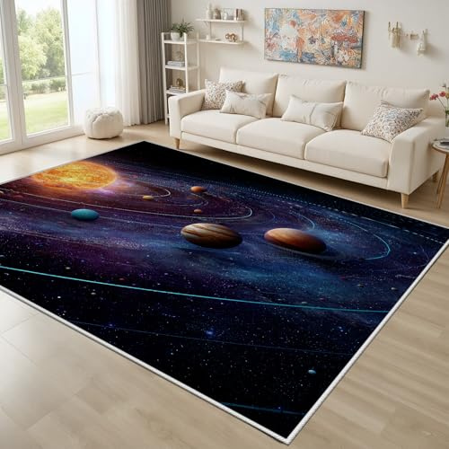 Dyjuaa Sonnensystem Planet Teppich Kurzflor 100x150 cm, Universum Galaxis Stern Bettvorleger Weich Rutschfest Waschbar, Mystery Celestial Teppiche für Wohnzimmer, Schlafzimmer, Esszimmer, Kinderzimmer