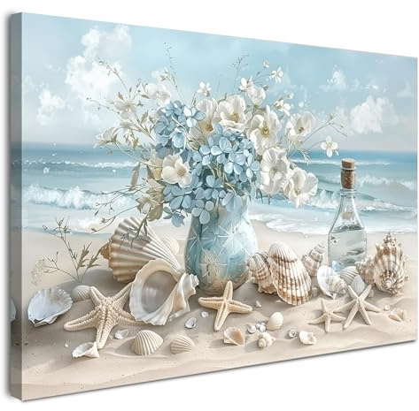 Alptiny Gerahmtes Wandbild 30×40 cm Strand Muscheln Blumen Leinwandbild für Wohnzimmer Schlafzimmer Küche Büro Vintage Wandbild mit Haken Nägeln und magischer Klettbefestigung sofort aufhängbar