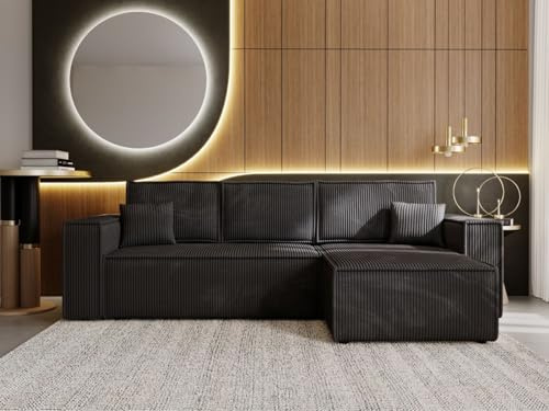 GRAINGOLD Prato XL Ecksofa mit Schlaffunktion & Bettkasten 280x170 cm, L-Form Sofa mit Stauraum, Schlafcouch für Wohnzimmer, Cord Stoff, 4-Sitzer Eckcouch, Modernes Design (Schwarz)