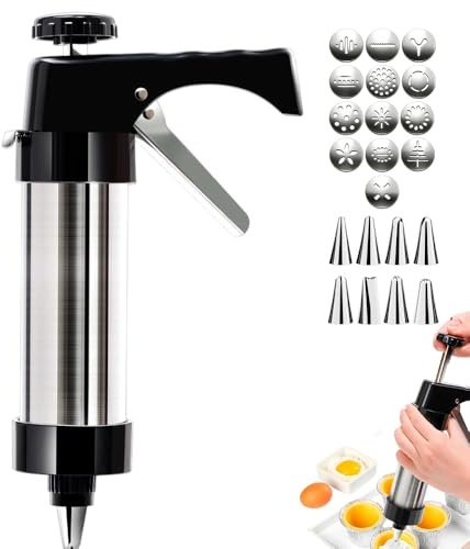 Gebäckpresse Edelstahl, 2026 Neu Cookie Press, Spritzgebäck Presse 13 Keksscheiben und 8 Spritztüllen, Gadgets zum Keksbacken für Kreatives Spritzgebäck, Spülmaschinengeeignet (Black)