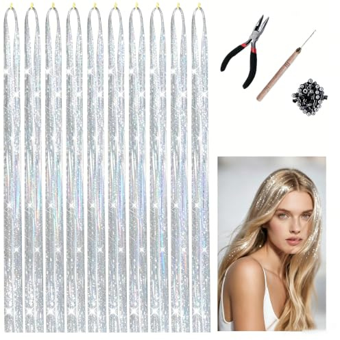 Haar Lametta Silber, 10 PCS, 120 cm Glitzersträhnen | mit Werkzeug,für Fasching, Karneval und Festivals