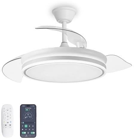 3NOD - Ventilador de Techo con Luz LED Regulable, Mando + App, Motor DC Control a distancia, Aspas retráctiles, Modo verano invierno, Blanco
