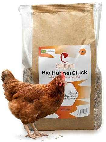 eivolution Bio HühnerGlück - Geflügelfutter Mix für Hähne und robuste Landrassen, Hühnerfutter Körnermischung proteinreduziert mit Muschelschalen 3 kg