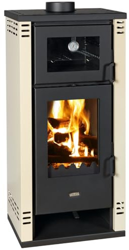 Prity K2 GT F Holzofen mit Backofen | 8,1 kW Heizung | Elfenbein | Glaskeramikkochfeld | Boiler Option | CE zertifiziert | Moderner Bauernhofkocher
