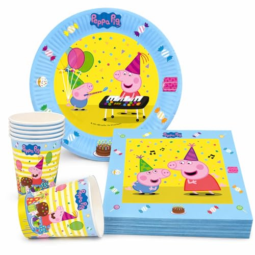 Peppa Pig Partygeschirr Set für 6 Kinder – 6 Teller 23cm, 6 Becher 250ml, 20 Servietten 33x33cm – Kindergeburtstag Deko Set – Einweggeschirr Geburtstag Peppa Wutz Party