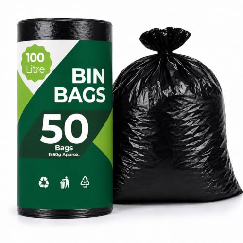EasyBin 100L Bin Bags, 50 Count, Large Black Refuse Sacks, Easy Tear Roll, Bin Liners for Household, Garden Tidy-Up, Garage, Office & General Waste