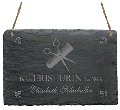 Schiefertafel « BESTE FRISEURIN DER WELT » mit persönlichem Namen und Motiv Schere + Kamm - Größe ca. 22 x 16 cm - Friseur Friseuse