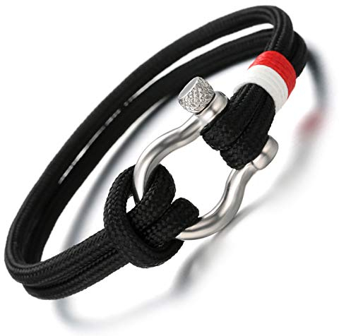 Halukakah ● SEGELN ● Herren Nylon-Seilschnur Armband Mehrschicht Gewehr-Schwarz Handgefertigt Silberner Schraubverschluss 8.26/21cm mit Kostenloser Geschenkpackung