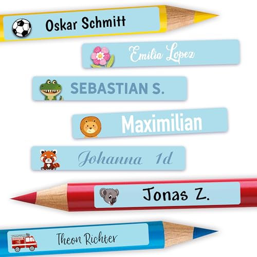 Sunnywall® Namensaufkleber Kinder – Stifteaufkleber personalisiert für Schule & Kita, ideal für Stifte & Schulsachen, wasserfest & spülmaschinenfest, starker Halt (Pastellblau)