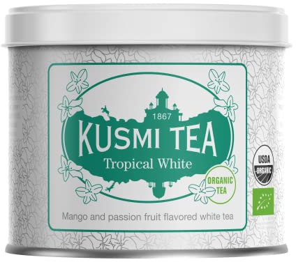 Kusmi Tea - Tropical White - Mélange Biologique de Thé Blanc, Thé Vert à la Mangue et Fruit de la Passion - À Déguster Chaud ou en Thé Glacé - Boîte Thé Métal 90g - Quantité pour environ 50 Tasses