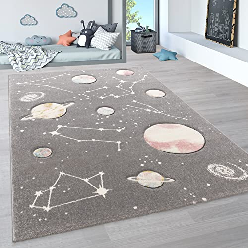 Paco Home Teppich Kinderzimmer Junge Mädchen Kinderteppich Spielteppich Kurzflor Regenbogen Modern 3D Pastell Sterne Berge Wolken, Grösse:200x290 cm, Farbe:Grau 3