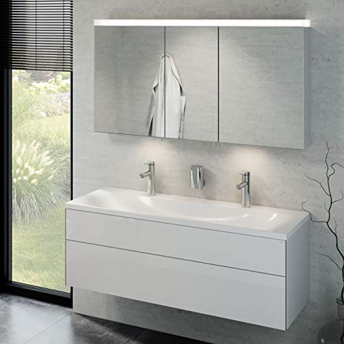 Keuco Badmöbelset mit Doppelwaschtisch, Waschbeckenunterschrank mit Frontauszug, LED Spiegelschrank dimmbar, Badezimmermöbel Set mit Spiegelschrank, 3 Türen, Breite 130 cm Royal Reflex