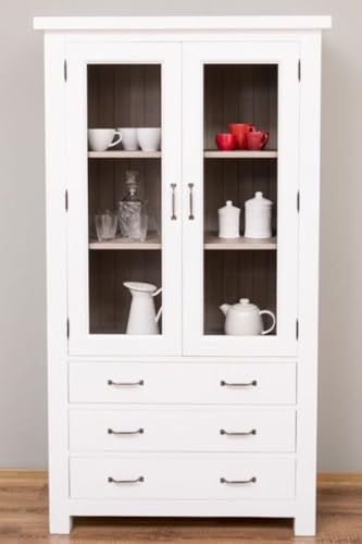 Casa Padrino Landhausstil Küchenschrank Weiß/Grau 100 x 50 x H. 180 cm - Massivholz Vitrinenschrank mit 2 Glastüren und 3 Schubladen - Landhausstil Küchen Möbel