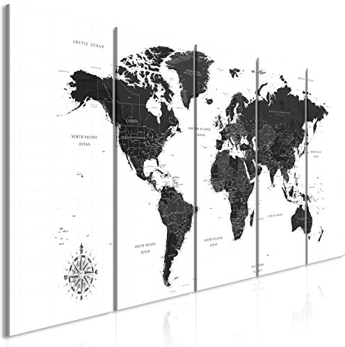 decomonkey Bilder Weltkarte 150x60 cm 5 Teilig Leinwandbilder Bild auf Leinwand Wandbild Kunstdruck Wanddeko Wand Wohnzimmer Wanddekoration Deko Landkarte Kontinente schwarz weiß