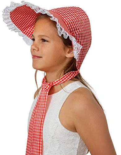 Skeleteen Colonial Pioneer Womens Bonnet - Revolutionary War Red and White Gingham Pilgrim Women Bonnets Sun Hats Dress Up Costume Accessories