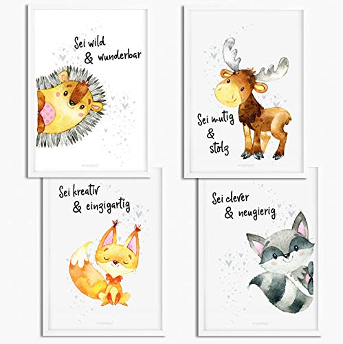 Sunnywall® 4er Set Poster Kinderzimmer - A4 Bilder Babyzimmer Kinderposter | OHNE Bilderrahmen | - Deko Mädchen Junge | Igel Fuchs Eichhörnchen Elch Waschbär Waldtiere